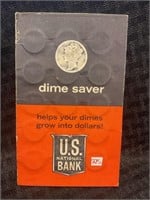 18 Silver dimes in US national Bank dime saver