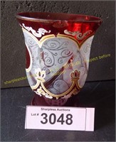 Vintage enameled cranberry glass vase hairline