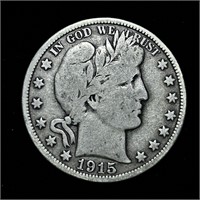 1915-D 90% SILVER BARBER HALF DOLLAR COIN