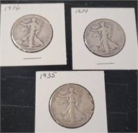 3 WALKING LIBERTY HALF DOLLARS 1934, 35, 36