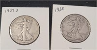 2 WALKING LIBERTY HALF DOLLARS 1937 S, 1938