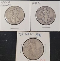 3 WALKING LIBERTY HALF DOLLARS 1941, 41 D, 41 S