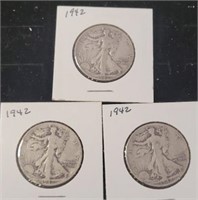 3 WALKING LIBERTY HALF DOLLARS 1942