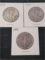 3 WALKING LIBERTY HALF DOLLARS 1943