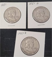 3 FRANKLIN HALF DOLLARS 1951, 2 X 1951 D