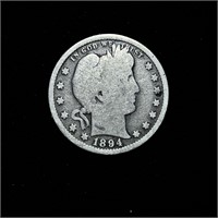 1894-S 90% SILVER BARBER QUARTER DOLLAR COIN