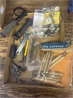Misc tools including wood carving set, drill Chuck