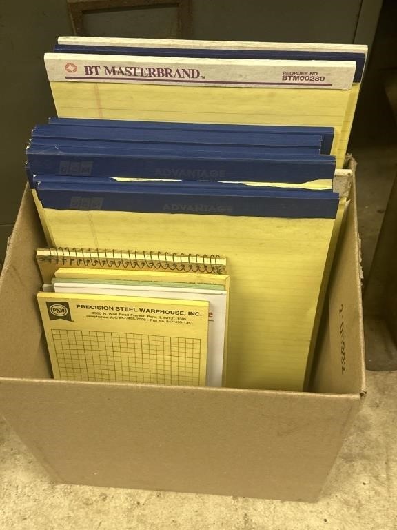 Box of notebooks, legal pads