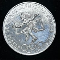 NEAR UNC 1968 MEXICAN 25 PESOS OLYMPIC SILVER COIN