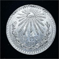 RARE NEAR UNC 1938 MEXICAN UN PESO SILVER COIN