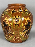 3 color slipware decorated redware jar by