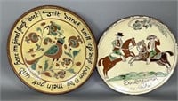 2 sgraffito decorated folk art redware pieces by