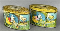 2 lithograph candy tin banks ca. 1930s; unsigned