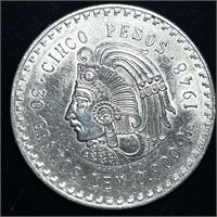 NEAR UNC 1948 MEXICAN 90% SILVER CINCO PESOS COIN