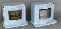 2 enameled iron stove shaped banks ca. 1930; both