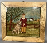 Framed folk art theorem boy & dog by William