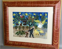 Framed abstract Christmas Scene watercolor