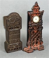 2 tallcase shaped clock banks ca. late 19th-early