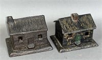 2 cast iron Log Cabin still banks ca. 1882-1920;