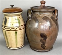 2 folk art redware jars by Turtle Creek Pottery