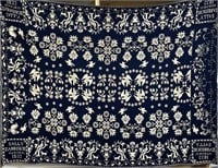 Dark blue and cream double weave coverlet of
