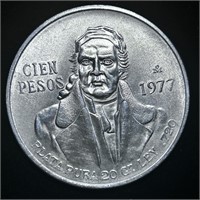 UNC 1977 MEXICAN 72% SILVER CIEN PESOS COIN