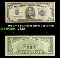 1934D $5 Blue Seal Silver Certificate Grades vf+