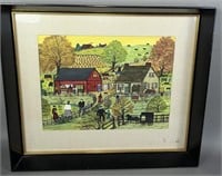 Folk art watercolor "Auction Day" scene by Hattie