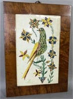 Framed Fraktur watercolor of "Vibrant bird on