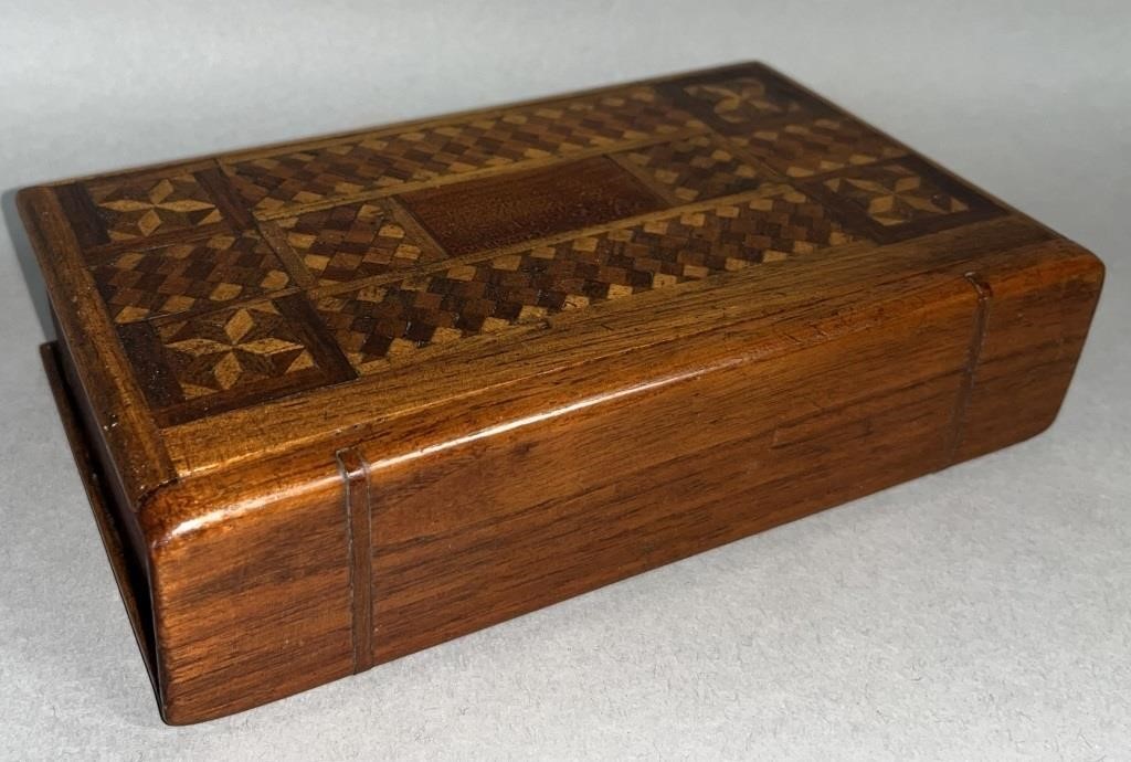 Marquetry inlaid book shaped box ca. 1870-1880s;