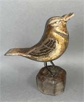 Folk art carved & polychrome painted songbird on