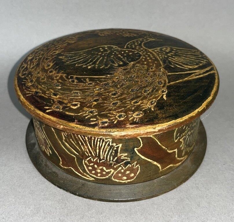 Peafowl paint decorated wooden trinket box ca.