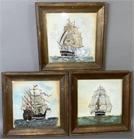 Set of 3 watercolor paintings of sail ships by