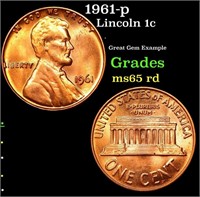 1961-p Lincoln Cent 1c Grades GEM+ Unc RD