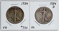 1934 & 1934-D  Walking Liberty Half Dollars   VG