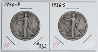 1936-D & 1936-S  Walking Liberty Half Dollars  VF