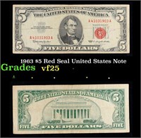 1963 $5 Red Seal United States Note Grades vf+