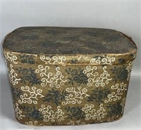 PA wallpaper covered lidded wooden hat box ca.