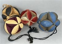 4 sewing notion puzzle ball pin cushions ca. late