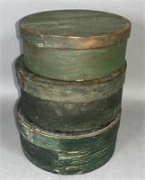 3 green round pantry boxes ca. 1880-1910; all