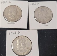 3 FRANKLIN HALF DOLLARS 1963 D