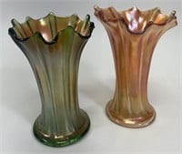2 Antique Northwood Carnival Glass Ribbed Vases