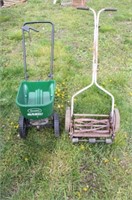 Vintage Push Mower & Scotts Broadcast Spreader