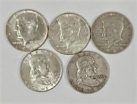 5 Circulated Silver Kennedy & Franklin Half Dollar
