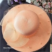 Vintage Veil & Bow Peachy Pink Wide Brim Hat