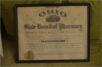 Framed Pharmacy Certificate Ohio 1963
