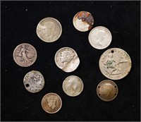 Group of 10 Coins, Mercury Dime, 50 Centimes, Cana