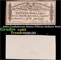 1864 Confederate States Fifteen Dollars Note Grade