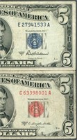 ((TWO NOTES)) $5 1953 Silver Certificate/U.S. Note