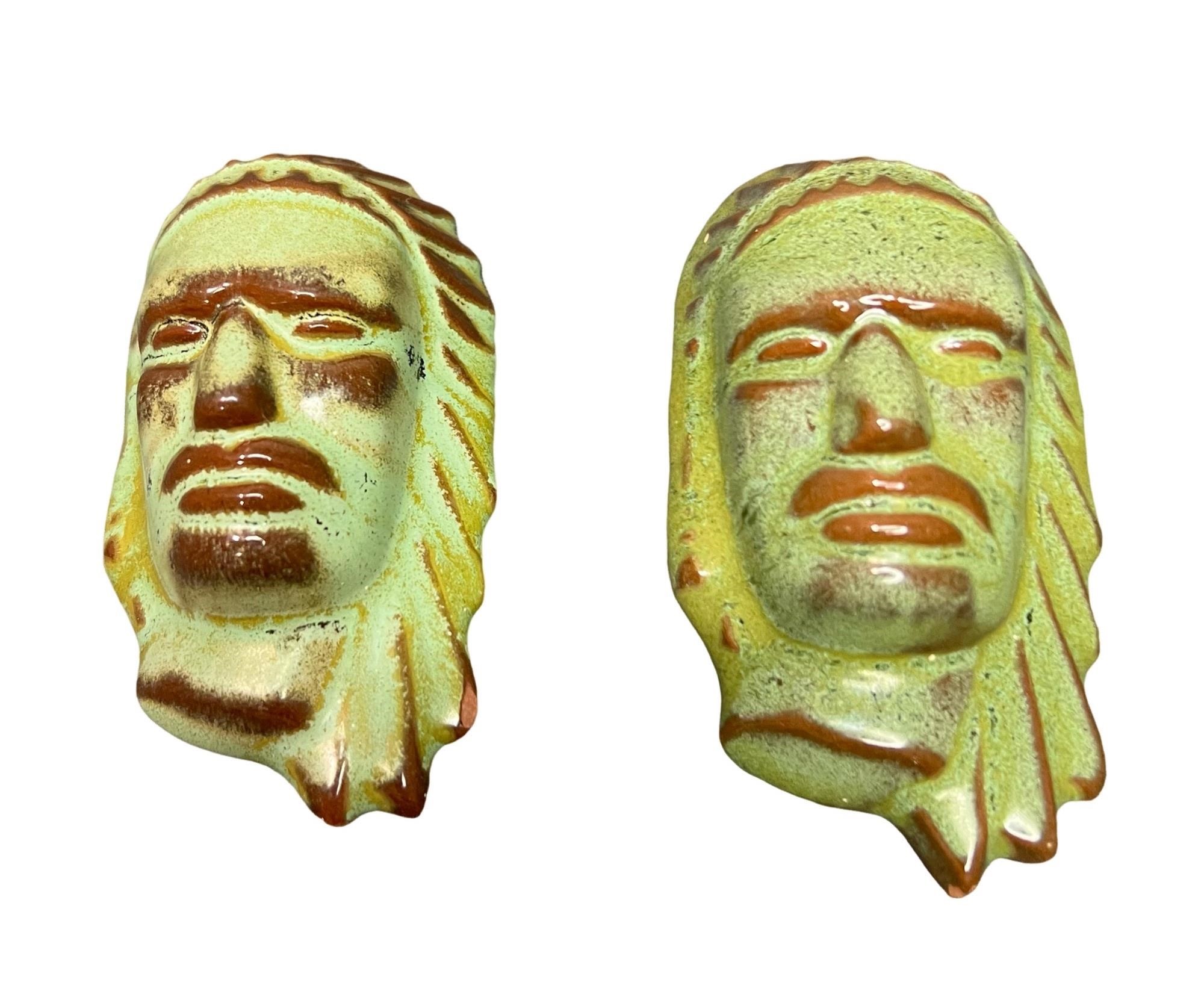 2 Frankoma Native American Heads Prairie Green